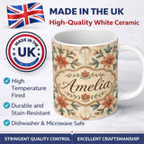 Personalized Custom Name Vintage Tile Style Floral Motif Soft Neutral Seamless Pattern Lovely 11oz Ceramic Coffee Tea Mug White Large Handle