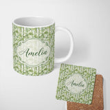 Personalized Custom Name Light Green Bamboo Leaves with Soft White Background Seamless Lovely 11oz Ceramic Coffee Tea Mug White Large Handle