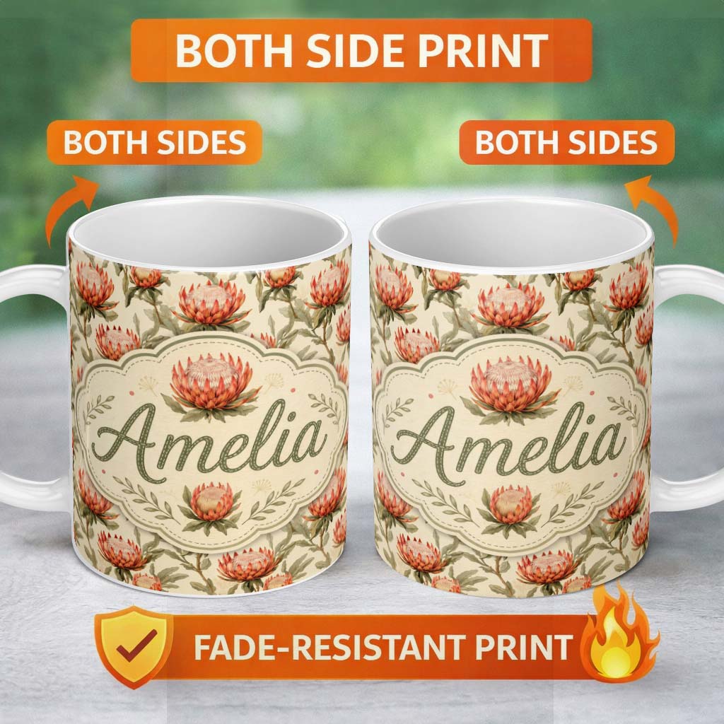 Personalized Custom Name Warm Orange Protea Flower Vintage Botanical Seamless Pattern Lovely 11oz Ceramic Coffee Tea Mug White Large Handle