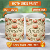 Personalized Custom Name Warm Orange Protea Flower Vintage Botanical Seamless Pattern Lovely 11oz Ceramic Coffee Tea Mug White Large Handle