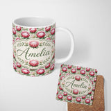 Personalized Custom Name Bold Red Protea Flowers and Foliage Seamless Pattern Lovely 11oz Ceramic Coffee Tea Mug White Large Handle