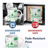 Personalized Custom Name Decorated Christmas Trees with Stars and Snowflakes Bright Holiday 11oz Ceramic Coffee Tea Mug White Large Handle