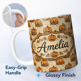 Personalized Custom Name Vintage Sketch Style Pumpkins on Script Background Halloween Lovely 11oz Ceramic Coffee Tea Mug White Large Handle