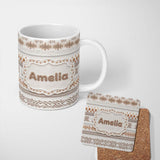 Personalized Custom Name Neutral Beige Knitted Nordic Winter Fair Isle Seamless Pattern 11oz Ceramic Coffee Tea Mug White Large Handle