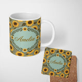 Personalized Custom Name Golden Sunflower Floral on Textured Blue Background Seamless Pattern 11oz Ceramic Coffee Tea Mug White Large Handle