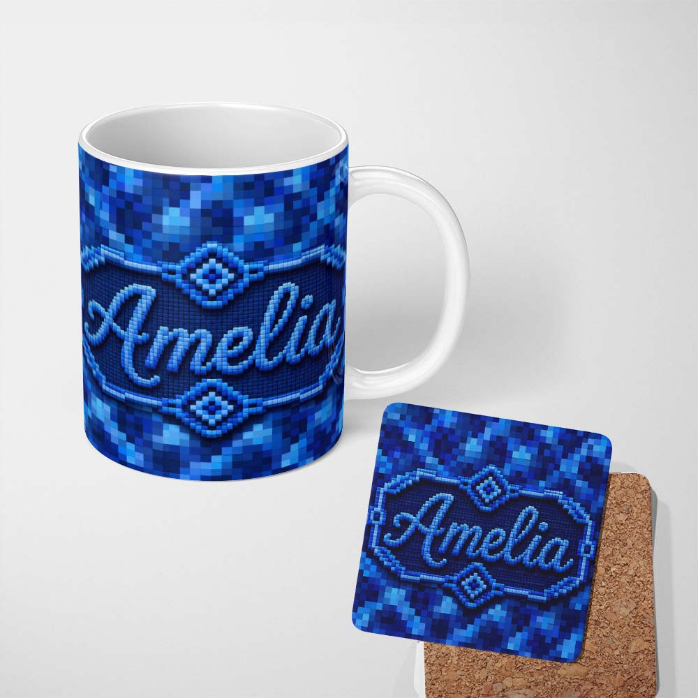 Personalized Custom Name Blue Pixel Mosaic Gradient Abstract Seamless Pattern Lovely 11oz Ceramic Coffee Tea Mug White Large Handle