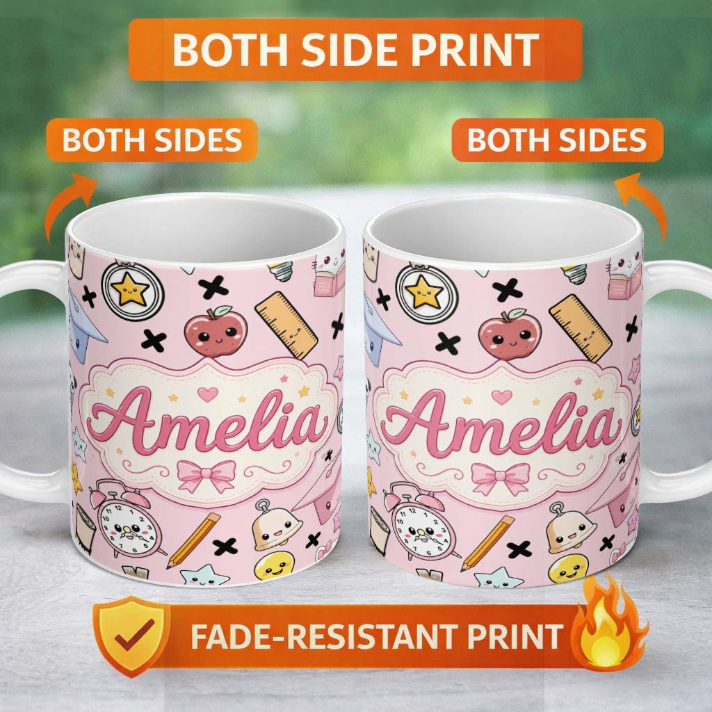 Personalized Custom Name Cute Kawaii School Supplies And Study Seamless Pattern Pink Lovely 11oz Ceramic Coffee Tea Mug White Large Handle