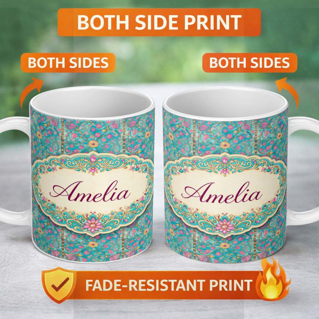 Personalized Custom Name Turquoise Pink Vintage Floral Tile Pattern Ornamental Design Lovely 11oz Ceramic Coffee Tea Mug White Large Handle