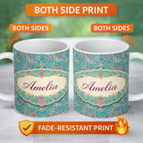 Personalized Custom Name Turquoise Pink Vintage Floral Tile Pattern Ornamental Design Lovely 11oz Ceramic Coffee Tea Mug White Large Handle