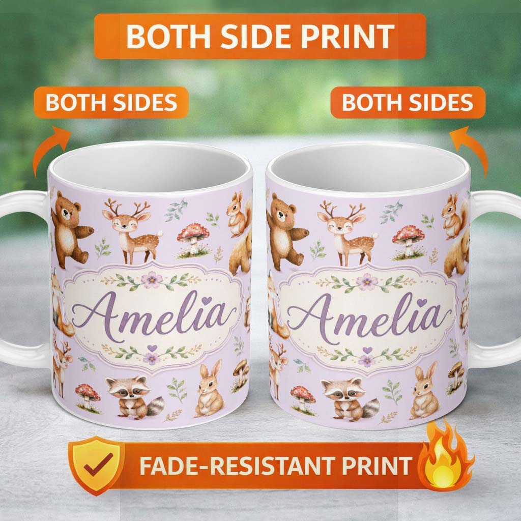 Personalized Custom Name Forest Animals Deer Bear Fox Owl Raccoon on Soft Lavender Seamless 11oz Ceramic Coffee Tea Mug White Large Handle