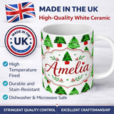 Personalized Custom Name Watercolor Christmas Trees in Pots Hand Painted Seamless Pattern 11oz Ceramic Coffee Tea Mug White Large Handle