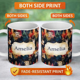 Personalized Custom Name Dark Woodland Cute Animals Gold Leaf Pattern Cute Unique Gift Lovely 11oz Ceramic Coffee Tea Mug White Large Handle