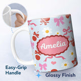 Personalized Custom Name Cute Cherry and Bow Motif with Daisy Flowers Pattern Playful Girly 11oz Ceramic Coffee Tea Mug White Large Handle