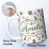 Personalized Custom Name Christmas Trees Candy Canes Snowflakes Holiday Seamless Pattern 11oz Ceramic Coffee Tea Mug White Large Handle