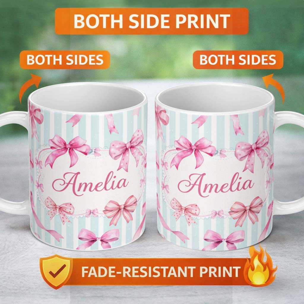 Personalized Custom Name Watercolor Pink Ribbon Bow Seamless Pattern with Soft Blue Stripes 11oz Ceramic Coffee Tea Mug White Large Handle