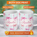 Personalized Custom Name Watercolor Pink Ribbon Bow Seamless Pattern with Soft Blue Stripes 11oz Ceramic Coffee Tea Mug White Large Handle