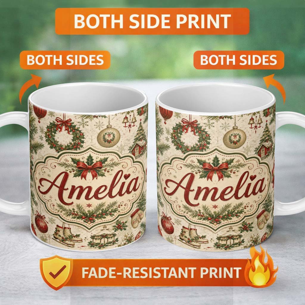 Personalized Custom Name Rustic Christmas Wreath Bells Pine Branches Baubles and Snowy Lovely 11oz Ceramic Coffee Tea Mug White Large Handle