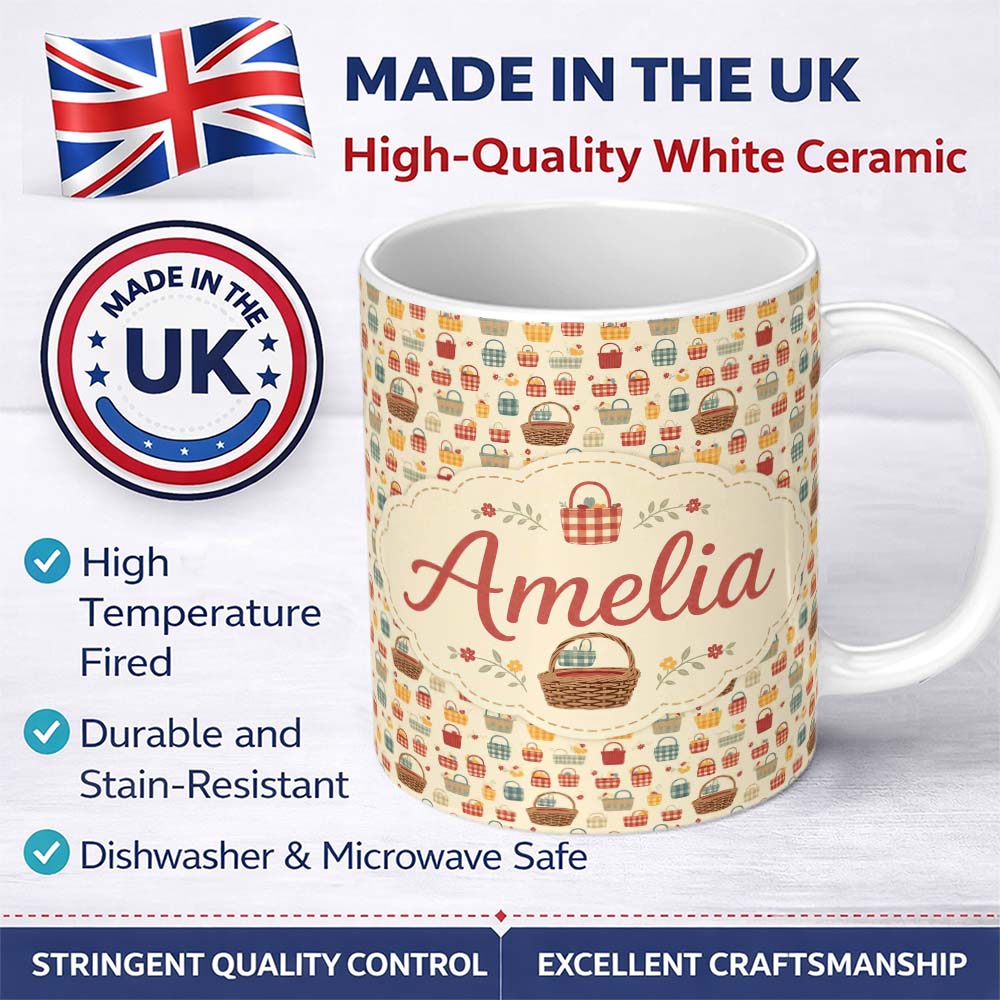 Personalized Custom Name Autumn Style Checkered Picnic Baskets Seamless Pattern Lovely 11oz Ceramic Coffee Tea Mug White Large Handle