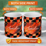 Personalized Custom Name Abstract Orange Black Checkered Marble Geometric Pattern Lovely 11oz Ceramic Coffee Tea Mug White Large Handle
