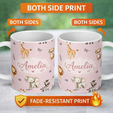 Personalized Custom Name Safari Animals with Elephant Lion and Leopard Cub on Dusty Rose 11oz Ceramic Coffee Tea Mug White Large Handle