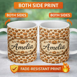 Personalized Custom Name Classic Halloween Pumpkin Faces on Light Vintage Background Seamless 11oz Ceramic Coffee Tea Mug White Large Handle