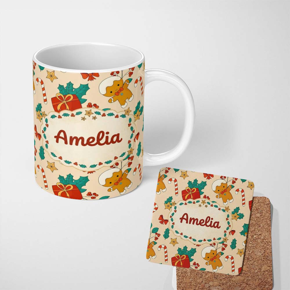 Personalized Custom Name Cute Gingerbread Candy Cane Gift Seamless Pattern Design Sweet 11oz Ceramic Coffee Tea Mug White Large Handle