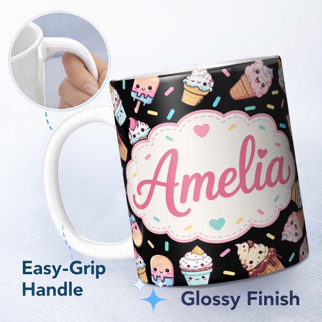 Personalized Custom Name Cute Ice Cream Cones Popsicles and Sweet Treats Seamless Pattern 11oz Ceramic Coffee Tea Mug White Large Handle
