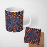 Personalized Custom Name Warm Abstract Floral Tile Pattern in Orange and Navy Seamless Lovely 11oz Ceramic Coffee Tea Mug White Large Handle