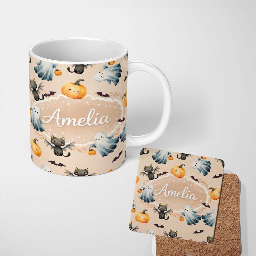 Personalized Custom Name Halloween Ghost Pumpkin Cat Seamless Pattern Warm Beige Cute Spooky 11oz Ceramic Coffee Tea Mug White Large Handle