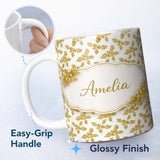 Personalized Custom Name Gold Glitter Holly Christmas Pattern Festive Seamless Design Lovely 11oz Ceramic Coffee Tea Mug White Large Handle