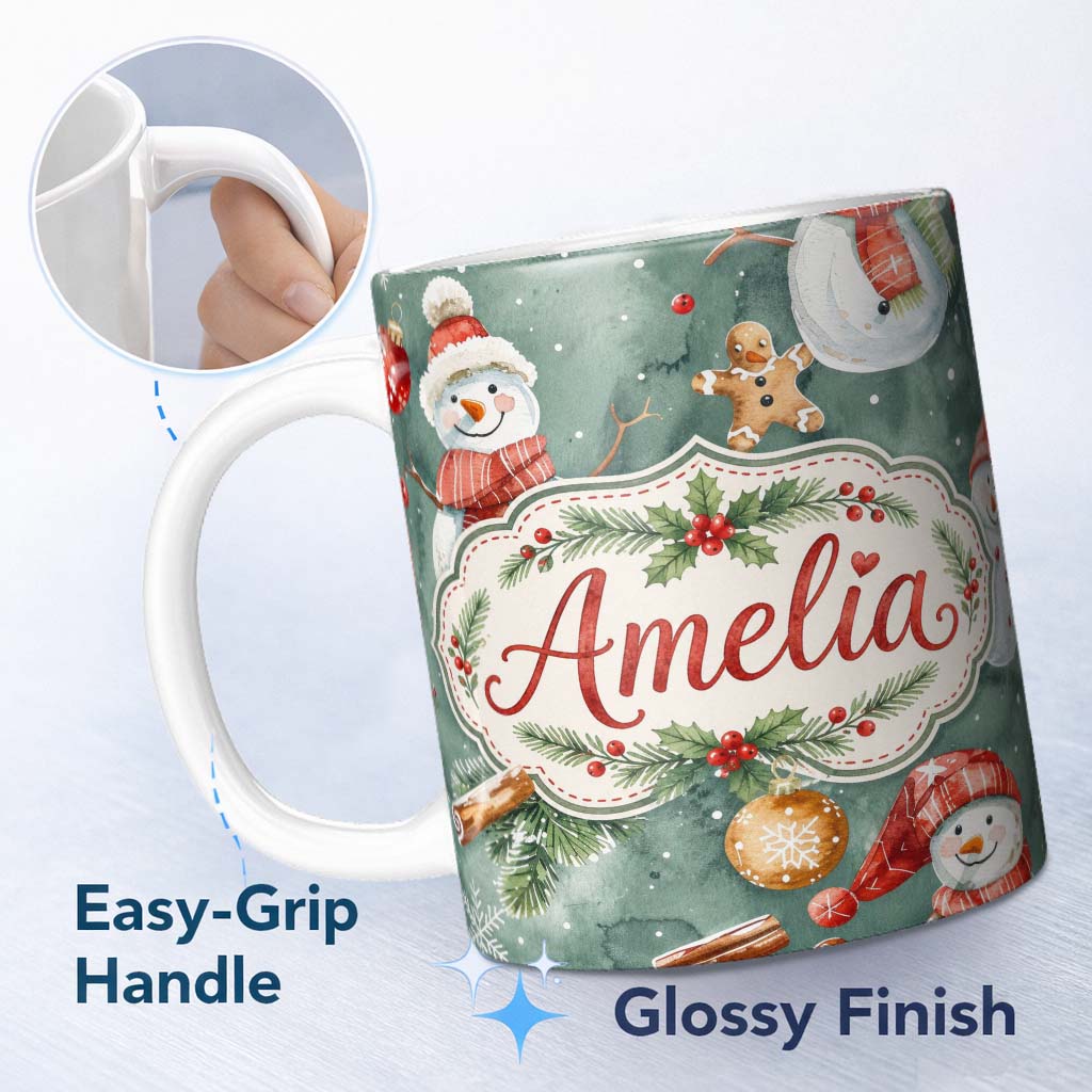 Personalized Custom Name Cute Snowman Gingerbread Baubles Winter Watercolor Seamless Pattern 11oz Ceramic Coffee Tea Mug White Large Handle