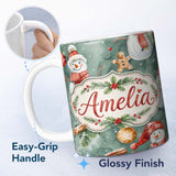 Personalized Custom Name Cute Snowman Gingerbread Baubles Winter Watercolor Seamless Pattern 11oz Ceramic Coffee Tea Mug White Large Handle