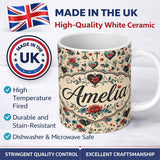 Personalized Custom Name Vintage Floral Heart and Botanical Illustration Seamless Pattern 11oz Ceramic Coffee Tea Mug White Large Handle