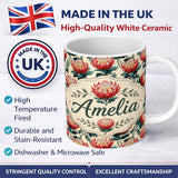 Personalized Custom Name Bold Red Protea Botanical Floral Seamless Pattern Cute Unique Gift 11oz Ceramic Coffee Tea Mug White Large Handle