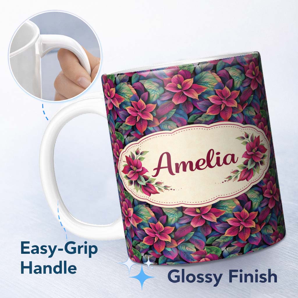 Personalized Custom Name Vibrant Pink Green Tropical Leaves Seamless Pattern Cute Unique Gift 11oz Ceramic Coffee Tea Mug White Large Handle