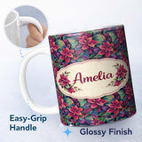 Personalized Custom Name Vibrant Pink Green Tropical Leaves Seamless Pattern Cute Unique Gift 11oz Ceramic Coffee Tea Mug White Large Handle