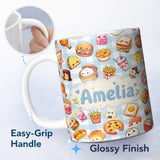 Personalized Custom Name Kawaii Fast Food Burger Sushi Taco Pizza Blue Gingham Seamless 11oz Ceramic Coffee Tea Mug White Large Handle