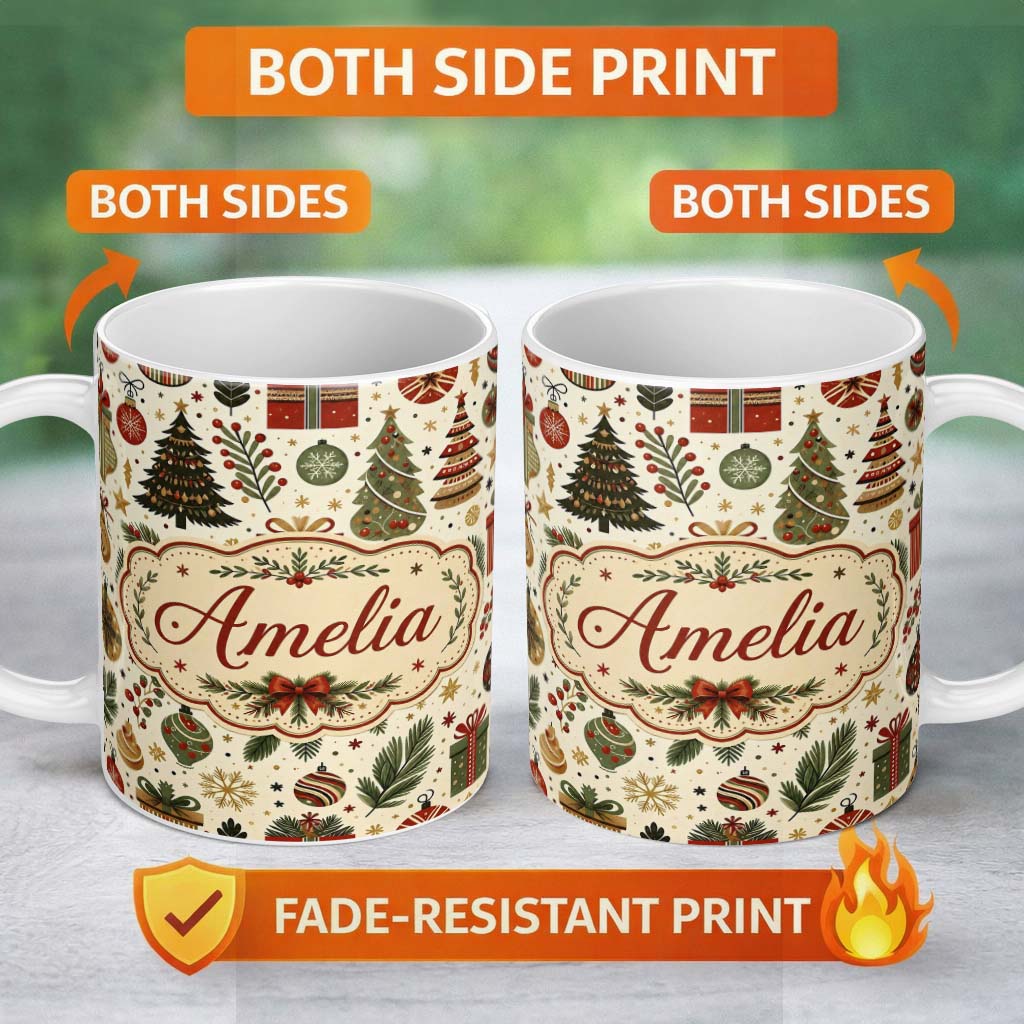 Personalized Custom Name Scandinavian Christmas Trees Gifts Baubles Festive Seamless Pattern 11oz Ceramic Coffee Tea Mug White Large Handle