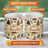 Personalized Custom Name Scandinavian Christmas Trees Gifts Baubles Festive Seamless Pattern 11oz Ceramic Coffee Tea Mug White Large Handle
