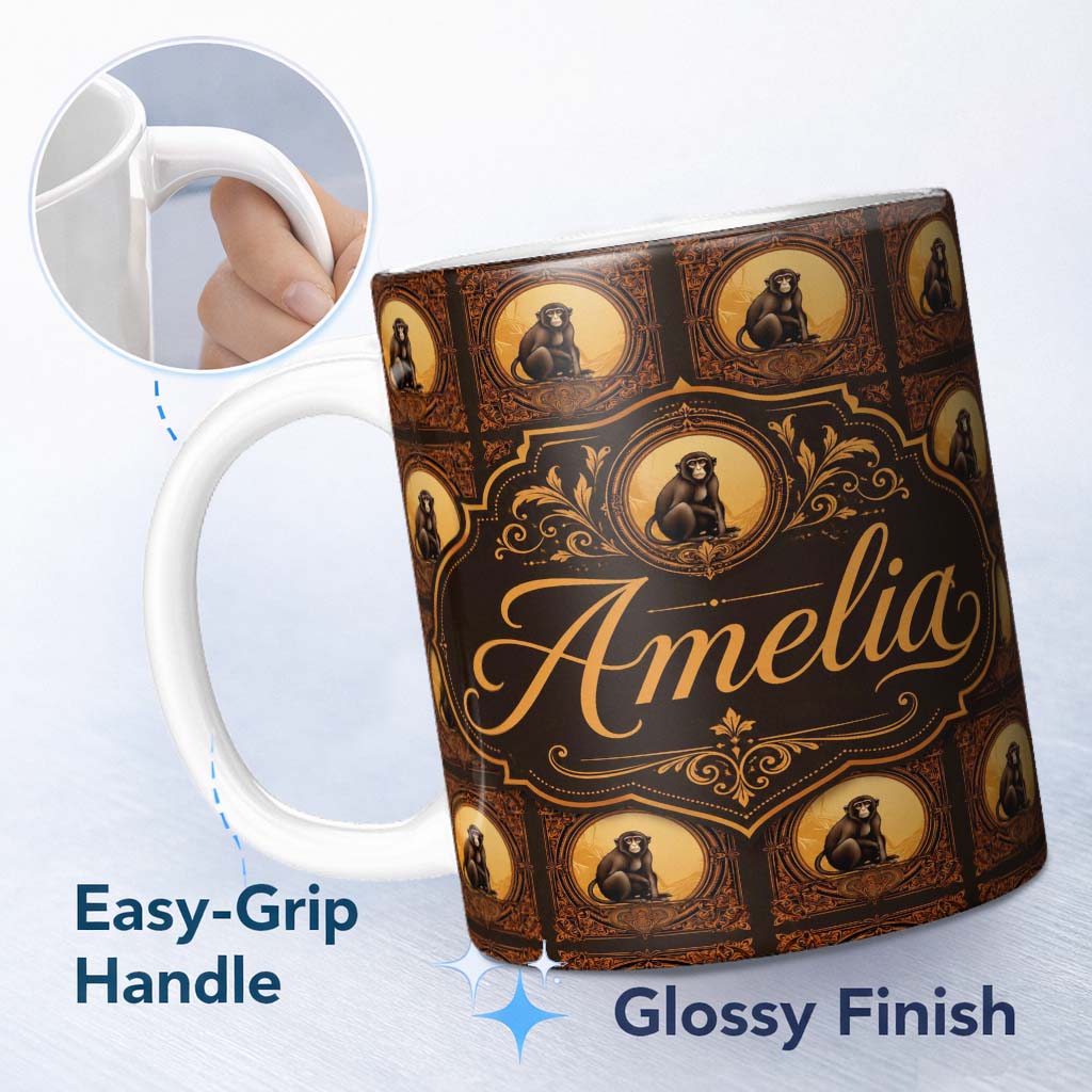 Personalized Custom Name Vintage Ornate Monkey Portrait Repeat Pattern in Warm Brown and Gold 11oz Ceramic Coffee Tea Mug White Large Handle