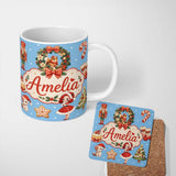Personalized Custom Name Christmas Nutcracker Squirrel Cake Candy Cane Girl Tree Blue Snow 11oz Ceramic Coffee Tea Mug White Large Handle