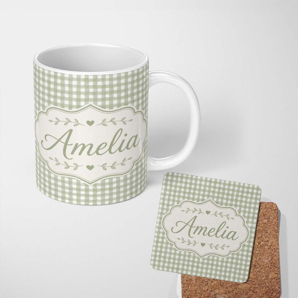 Personalized Custom Name Soft Sage Green Gingham Check Seamless Pattern Minimal Rustic Design 11oz Ceramic Coffee Tea Mug White Large Handle