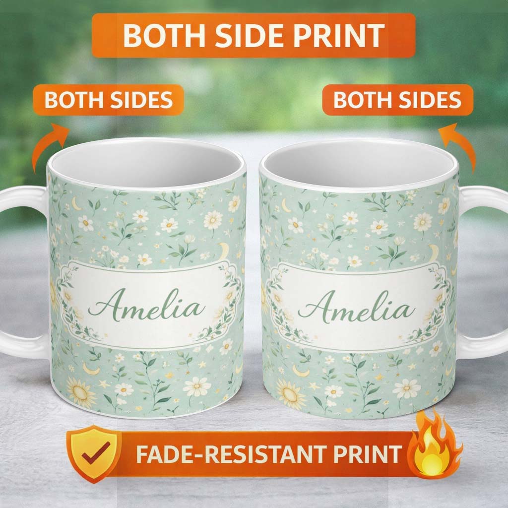 Personalized Custom Name Minimal Floral Leaves and Sun moon Pattern Beautiful Background 11oz Ceramic Coffee Tea Mug White Large Handle