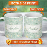 Personalized Custom Name Minimal Floral Leaves and Sun moon Pattern Beautiful Background 11oz Ceramic Coffee Tea Mug White Large Handle