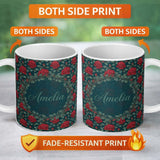 Personalized Custom Name Elegant Red Rose Seamless Floral Pattern on Dark Teal Background 11oz Ceramic Coffee Tea Mug White Large Handle