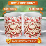 Personalized Custom Name Elegant Red Black Floral Scroll Seamless Pattern Cute Unique Gift 11oz Ceramic Coffee Tea Mug White Large Handle