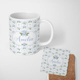 Personalized Custom Name Blue Hydrangea Stripe Bow Floral Seamless Pattern Cute Unique Gift 11oz Ceramic Coffee Tea Mug White Large Handle