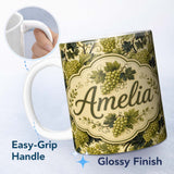 Personalized Custom Name Classic Vineyard Grapes and Leaves Botanical Seamless Pattern Lovely 11oz Ceramic Coffee Tea Mug White Large Handle