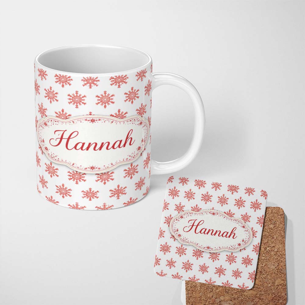Personalized Custom Name Red Glitter Snowflake Christmas Seamless Pattern Cute Unique Gift 11oz Ceramic Coffee Tea Mug White Large Handle