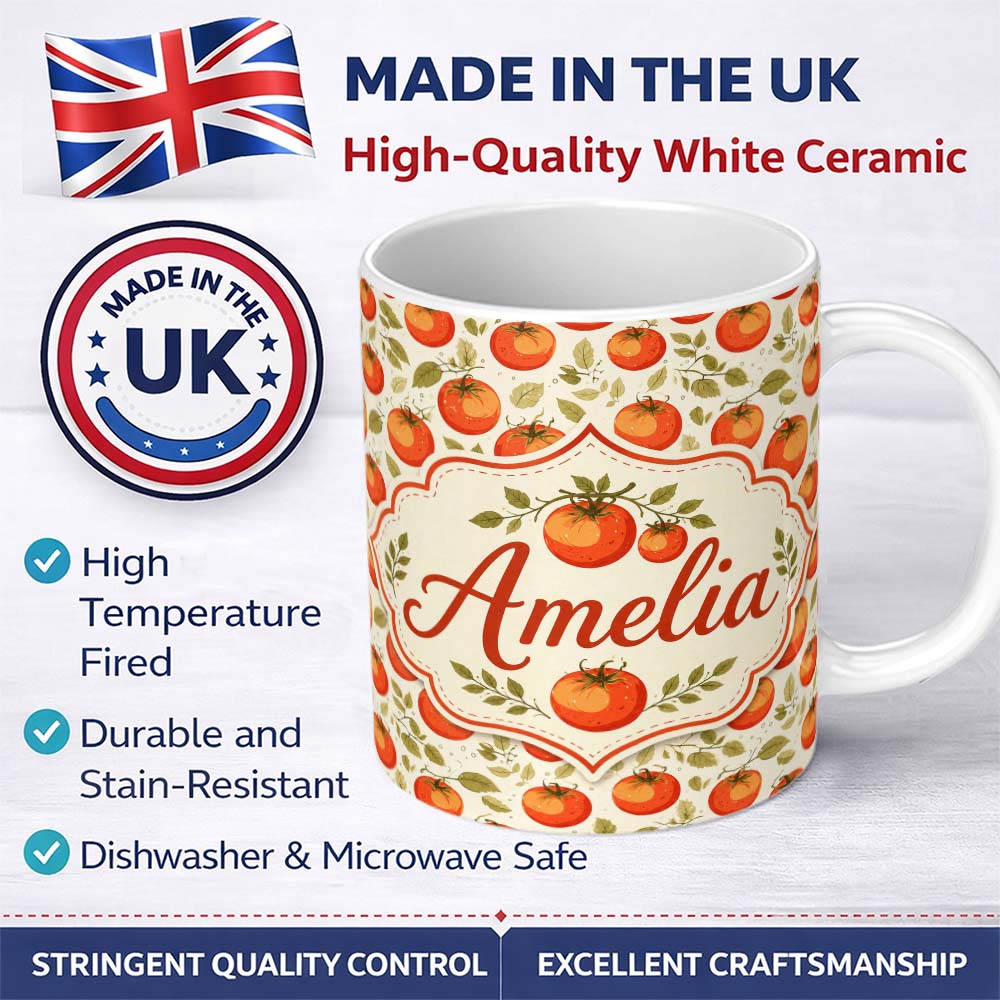 Personalized Custom Name Fresh Tomato Vine Botanical Pattern on Cream Background Garden Style 11oz Ceramic Coffee Tea Mug White Large Handle